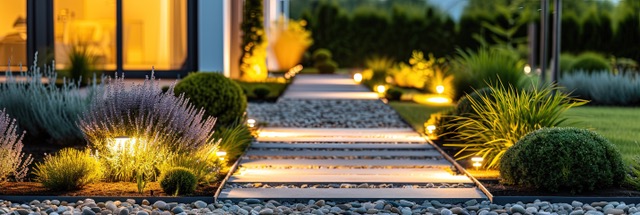 lit pathway leading up to house